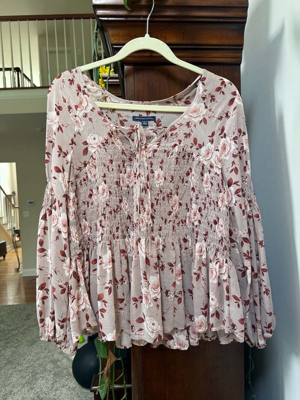 American Eagle Outfitters Floral Smocked Peplum Top with Long Sleeves M